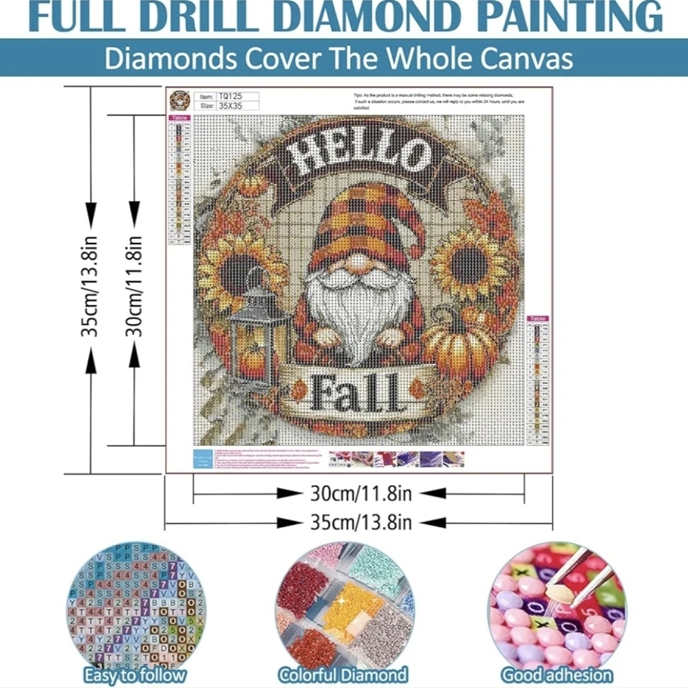 Hello Fall Wreath Pumpkins Sunflowers Plaid Gnome 5D Diamond Painting Kit New - Picture 5 of 7
